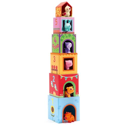 DJECO Topanifarm, Wooden Sorting and Stacking Blocks, 18+ Months | Builds a Farm, Animal Toys, Enhances Fine Motor Skills, Durable Playtime, Cute Design for Preschool Toddlers