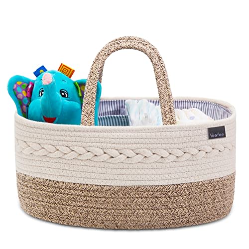 Baby Diaper Caddy Organizer, Portable Nursery Storage Basket with Changeable Compartments, 100% Cotton Woven Rope Baskets, Car & Changing Table Tote, Newborn Gift