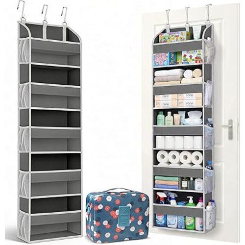 Over the Door Organizer with Toiletry Bag - 5 Self Hanging Organizer with 5 Large Pockets - Heavy Duty Behind the Door Storage for Bedroom, Bathroom, Pantry, Nursery (Grey)