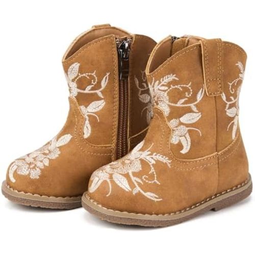 Newsonet Baby Cowboy Cowgirl Boots Infant Western Boots Toddler Boys Girls Round Toe Riding Mid Calf Boots All Seasons for 6 9 12 18 24 Months