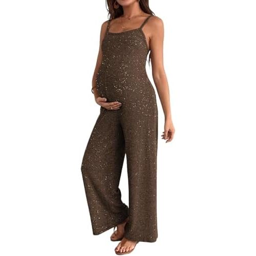 BLENCOT Maternity Ribbed Jumpsuit Stretchy One Piece Wide Leg Romper