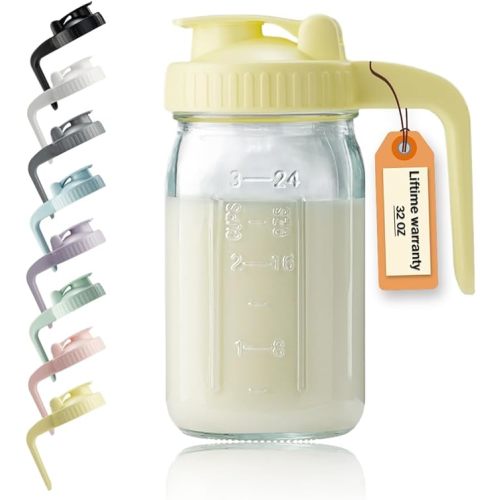 32oz Glass Pitcher with Lid & V-shaped Pour Spout - 1 Quart Breastmilk Pitcher Double Leak Proof, Creamer Container for Sun Tea, Juice, Cold Brew Coffee, Breastmilk Storage Container