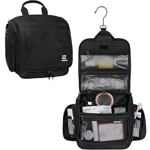 Goloni Hanging Toiletry Bag with Hook, Large Makeup Bag Travel Organizer, Water-Resistant Hanging Cosmetic Bag with 10 Compartments for Women & Men,Black