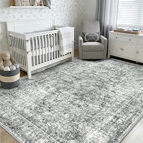 CAPALOCA Machine Washable Rugs Nursery Rug 5x7 Cute Girl Non Slip Low Pile Water Repellent Soft Print Pattern for Bedroom Indoor Decor Kids Playroom Grey
