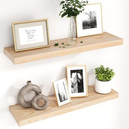 fuqing Natural Wood Floating Shelves | 24 Inch Floating Shelves for Wall Set of 2 | 24" W x 6.7" D x 1.4" H Natural Wooden Shelves for Bathroom Living Room Bedroom Kitchen