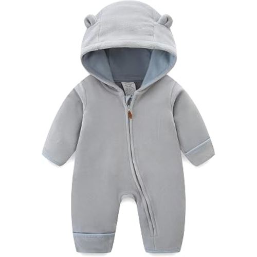 JingleBaBa Newborn Baby Bear Onesie Winter Snowsuit With Fold-over Mittens & Footies Zip Up Baby Fleece Jumpsuit 0-18M