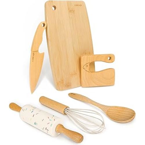 Wooden Kids Safe Knife and Kids Baking Set for Real Cooking, 6 PCS Toddler Montessori Kitchen Tools, Cooking and Baking for Little Chefs