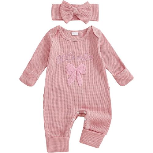 Nebworn Baby Girl Waffle Knit Romper Long Sleeve Ruffle Butt Onesie Fall Winter Clothes Coming Going Home Outfit
