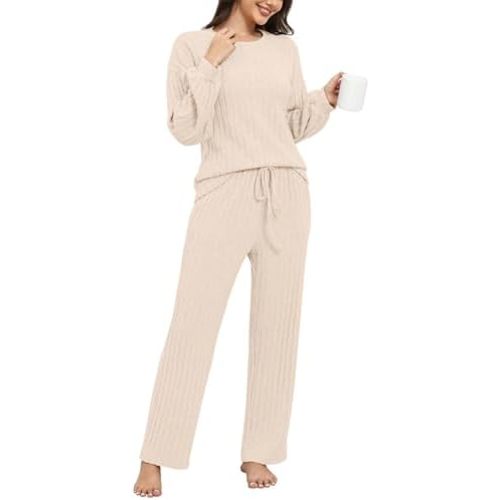 Pajamas for Women Set 2 Piece Lounge Sets Ribbed Knit Long Sleeve Tops Pants Soft Sleep Wear Pj Sets