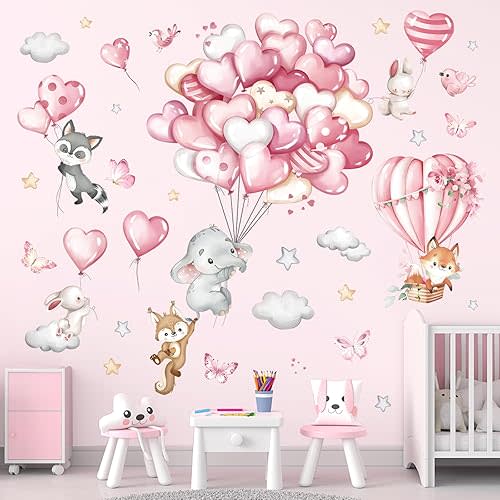 decalmile Forest Animals Pink Balloon Wall Decals Hot Air Balloon Elephant Fox Wall Stickers Baby Nursery Girls Bedroom Playroom Wall Decor