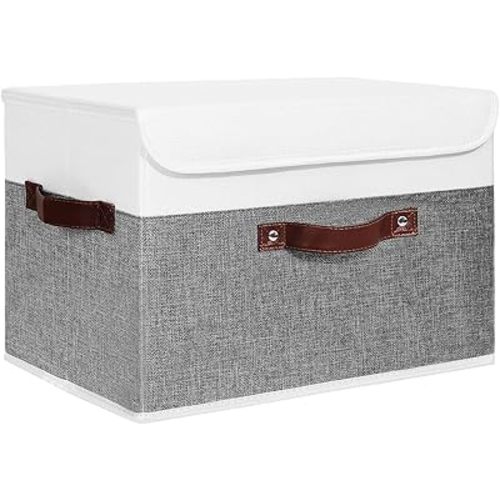 ANMINY Storage Boxes with Lids Washable Decorative Storage Bins Basket with PU Leather Handle Foldable Linen Fabric Storage Cubes Containers for Home Closet Organizer - Gray White, Large Size