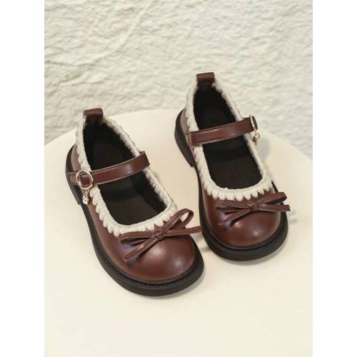 1 Pair Girls' Vintage Faux Leather Mary Jane Shoes, Decorated With Cute Bows, Crochet Lace And Rhinestone Pendant, Buckle Flat Design, Soft Sole, Suitable For Skirts, School, Holiday Performances, Weddings And Party Occasions, Daily Wear | SHEIN USA