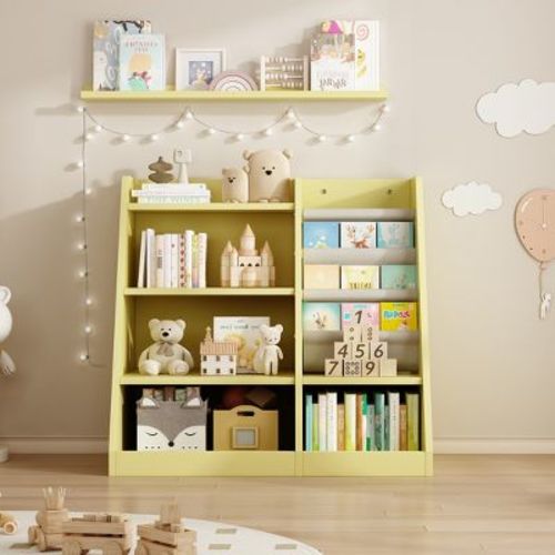 KTMBDW Kids Bookshelf and Toy Storage Organizer, 4 Tier Wooden Kids Book Shelf with Sling Book Rack in Kids Room Playroom Nursery for Kids, Children