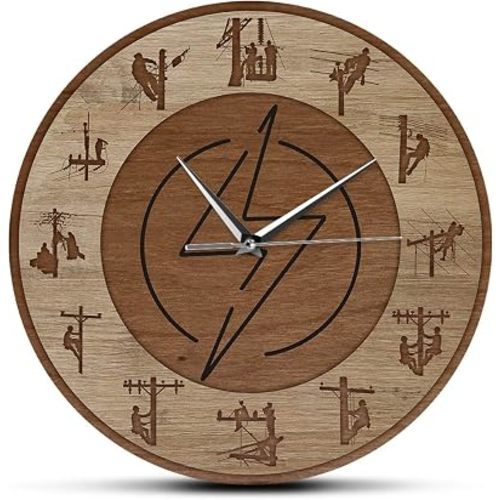 12 inch Wall Clock Decor Lineman Design Wood Texture Acrylic Printed Wall Clock Power Pole Wall Art Hanging Wall Watch Silent Swept Line Life Worker Gift for Modern Home Decor