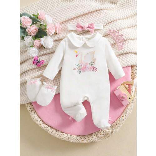 Newborn Baby Girls' Spring/Summer Knitted Crew Neck Long Sleeve Swan Pattern With Bow Mitten & Headband & Footed Romper Set | SHEIN USA