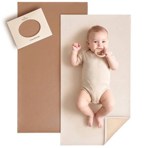 Konssy Faux Leather Baby Changing Mat, Waterproof, Wipeable & Portable Diaper Changing Pad for Travel or Home, Fits Perfectly in Diaper Bag, 30 x 17 inches (Brown,Beige)