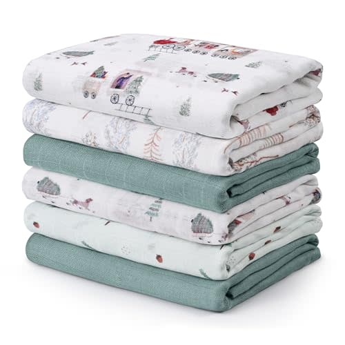 GLLQUEN BABY Receiving Blanket Boy Cotton Muslin Swaddle Blankets Girl Newborn Squares Breathable & Soft Thin Baby Blankets Cloths Double Absorbent Infant Swaddling Wrap - 6 Pack (Pine Tree & Train)