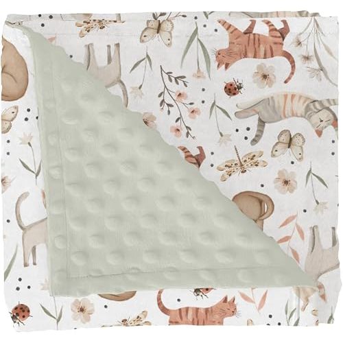 Cute Cat Boho Floral Leaves Baby Blankets for Girl Boy Fun Kittens Meadow Butterflies Soft Mink Dotted Backing Double Layer Swaddle Blanket Cats Lover Gift Bed Blanket Toddler Nursery Crib 30x40