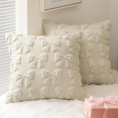 MIULEE Beige Bow Pillow Covers Coquette Room Decor Aesthetic Set of 2 Decorative Cute Girl Vlentine Pillow Covers Spring Soft Plush Faux Pillowcase for Preppy Room Decor Bedroom Couch,18x18 Inch