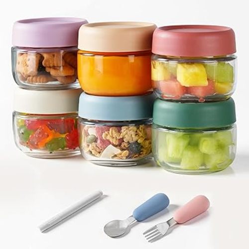 Glass Baby Food Storage Containers, Baby Food Jars, 6 Pack Small Glass Containers with Lids, 4 oz Leakproof Baby Food Storage Containers, BPA Free Microwave/Freezer/Dishwasher Safe, Kids Spoon Fork
