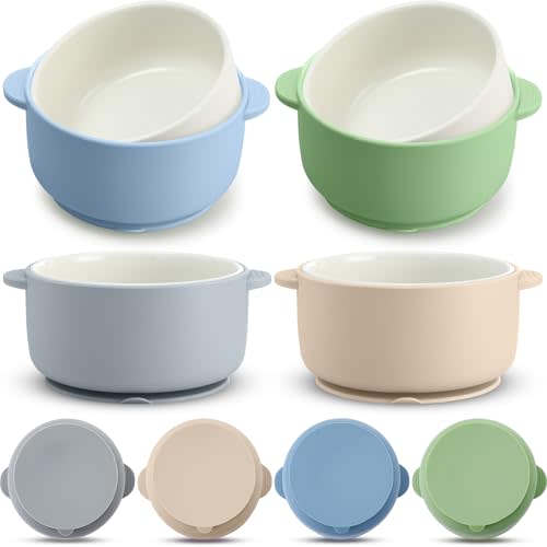 4 Sets Kids Porcelain Bowls with Suction Sleeves Toddler Suction Bowl Upgrade Durable Microwave Dishwasher Safe Cereal Soup Snack Dishes for Baby Children Feeding Supplies (Morandi Colors)
