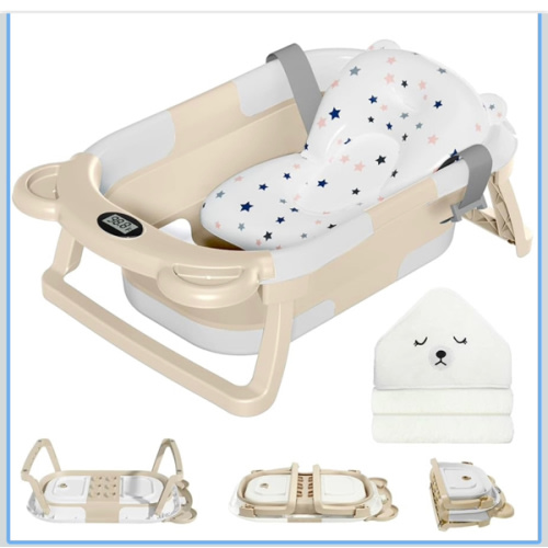 MoreFeel Collapsible Baby Bathtub for Newborn with Thermometer & 1 Hooded Towel & 1 Soft Floating Cushion,Portable Travel Bathtub with Drain Hole, Durable Foldable Baby Tubs for Infants to Toddler