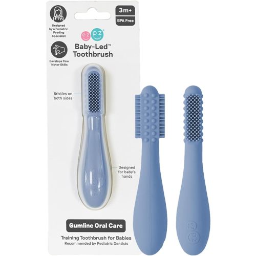 ezpz Baby-Led Toothbrush (Sage) - 3 Months + - 100% Silicone Infant Toothbrush with Sensory Bumps - Cleans Gums + New Teeth - Improves Hand-to-Mouth Coordination, Self-Feeding Skills