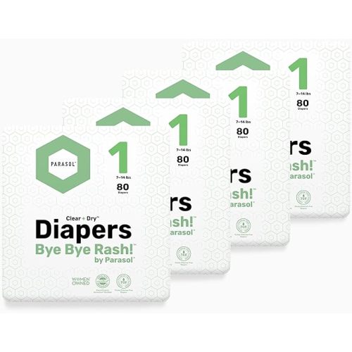 Parasol Clear+Dry Disposable Diapers, RashShield Protection and Leak-Control Fit, Hypoallergenic Diapers, Size 1 (7-14 lbs), 320 Count