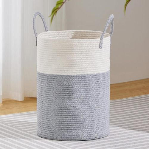 Large Laundry Hamper, Tall Woven Rope Storage Basket for Blanket, Toys, Dirty Clothes in Living Room, Bathroom, Bedroom - 72L White