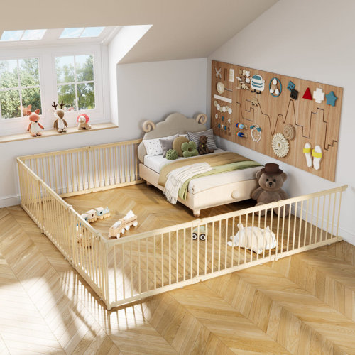 Rosalind Wheeler Natural Pine Wood Baby Playpen – Foldable, Adjustable Safety Fence with Dual-Lock Gate and Suction Stabilizers | Wayfair