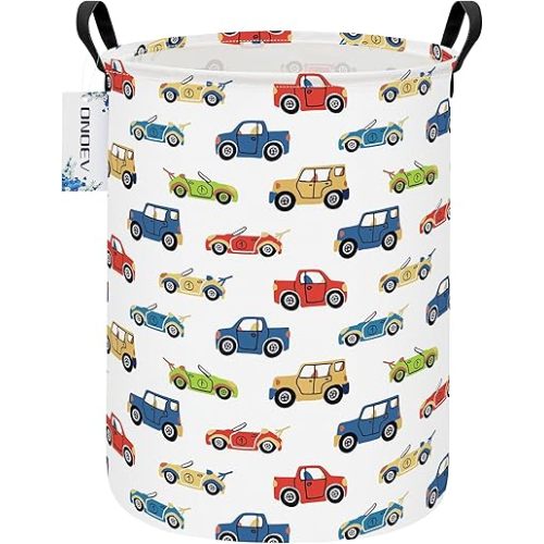 Round Car Themed Laundry Basket,Collapsible Laundry Hamper for Boys,Cute Vehicle Truck Print Storage Bin,Waterproof Toy Storage for Kids Room,Nursery,Playroom,New Parent Gift (Car)