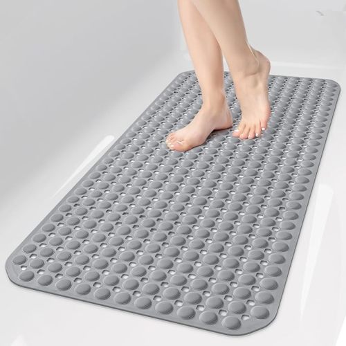 Bath Tub Shower Mat Non Slip, Bathtub Floor Liner Mats for Inside Shower Bathroom, Suction Cups and Drain Holes for Feet Scrubbing, Machine Washable, Soft on Feet, 35x16 Inch, Grey