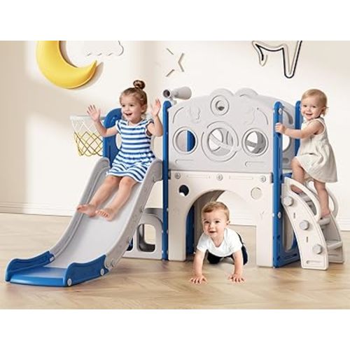 Babytronic Toddler Slide, 8 in 1 Kids Slide with Basketball Hoop, Telescope and Climber, Baby Slide Toddler Playground, Indoor Outdoor Playset for Toddlers Age 1-3, Kids Indoor Playground (Blue&Gray)