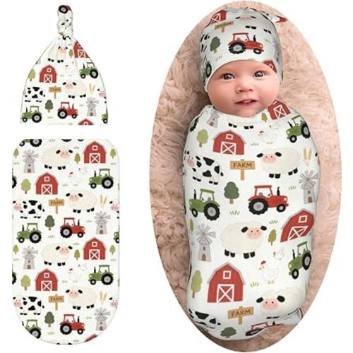Farm Animals Cute Baby Stuff Swaddle Blanket with Beanie Set, Newborn Swaddling Blanket Outfit Infant Shower Gift for Boys Girls