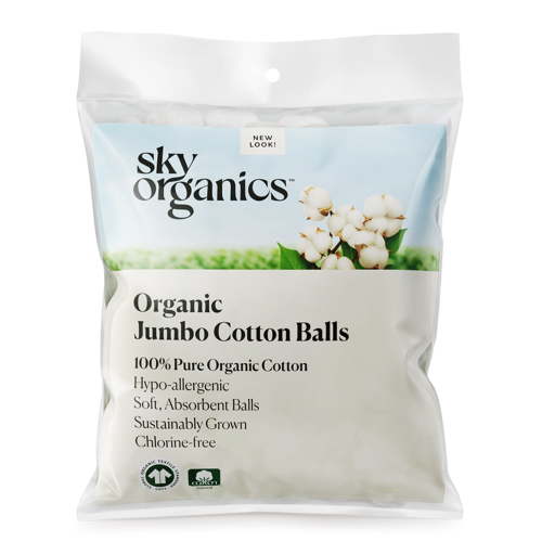 Sky Organics Organic Jumbo Cotton Balls For Sensitive Skin, 100% Pure Organic Cotton Sustainably Grown, Chlorine Free, Hypoallergenic, Ultra-Soft and Absorbant for Beauty & Personal Care, 100 ct.