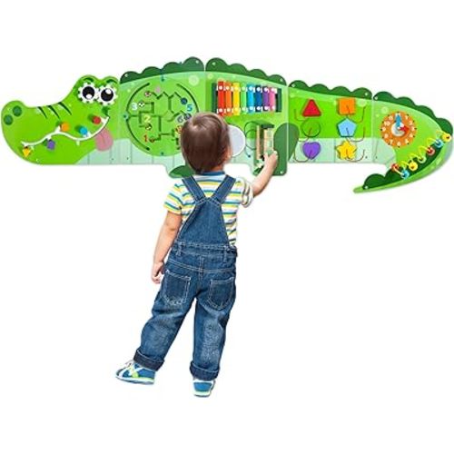 Crocodile Activity Wall Busy Board Panels | 9-in-1 Wooden Sensory Wall Panel for Kids, Montessori Learning Activity Center | Perfect for Toddler Playroom, Daycare, Nursery, Classroom or Dr's Office