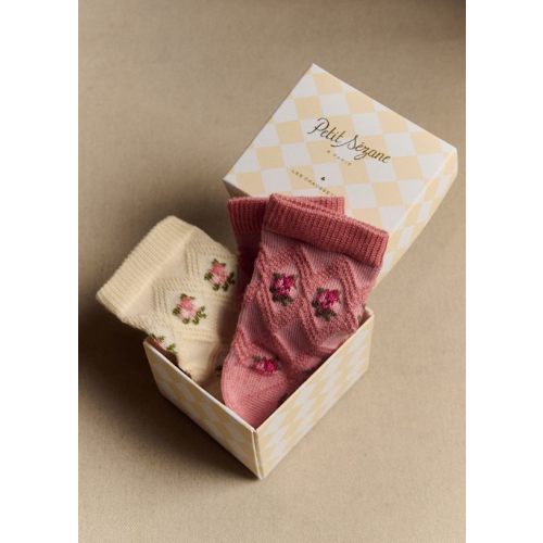 Gift set of 2 Julia socks - Vintage Ecru and Pink Flowers