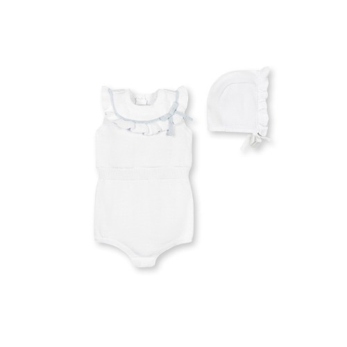 Baby Baby Organic Ruffle Sweater Romper and Bonnet Set, Infant, White With Pale Blue