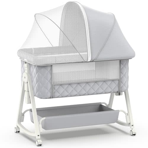 pudult Baby Bassinet,5 in 1 Bassinet Bedside Sleeper, 6-Level Height Adjustment,Safe and Stable Portable Crib,Breathable net, Storage Basket, Mosquito net, Baby Crib for Newborn(Grey)