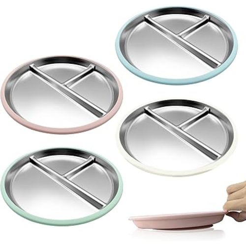 4-Pack Stainless Steel Baby Suction Plates, 9-Inch Divided Toddler Plates with Extra-Large Non-Slip Silicone Suction Base | Baby, Toddler, Kids| Dinner & Snack Plates | Dishwasher Safe
