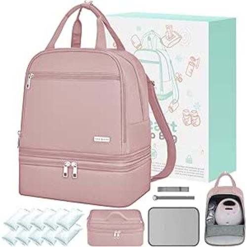 Breast Pump Bag with Insulated Cooler, Double-Layer Pumping Bag for Work & Travel, Fits Most Electric Breast Pumps, Includes 10 Ice Packs & Waterproof Mat, Detachable Bottle Cooler Tote, Pink
