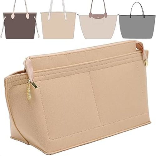 Doxo Purse Organizer Insert for Handbags&Tote Bag,Suitable for Lv Neverfull MM/L.ongchamp GM, Felt Tote Insert with Base Shaper.(Beige-with Cover,MM)