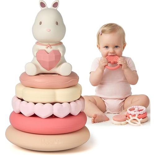 Moonkie Bunny Baby Stacking Toys | 7-Piece Silicone Rings for Teething Relief | Educational Toy for Infants & Toddlers 6 Months+ | Baby Shower or Birthday Gift for Girls