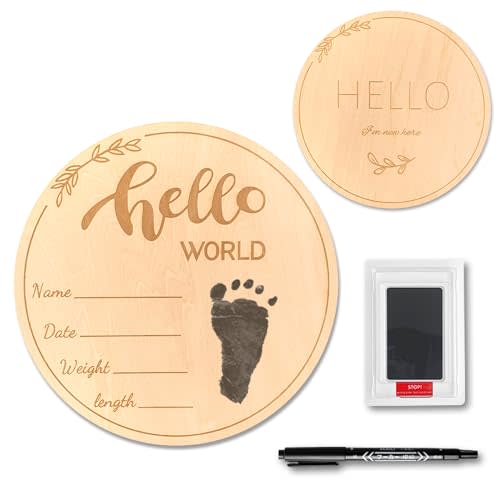 Baby Birth Announcement Sign with Marker Pen, Wooden Hello World Newborn Sign with Ink Pad for Baby Hand and Footprints, Double-sided Newborn Announcement Sign for Baby Shower Photo Prop Keepsakes