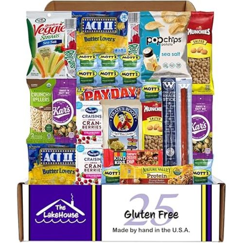 LakeHouse 25 Gluten Free Snacks - Quality Celiac-Friendly Healthy Snacks Variety Pack For Kids Adults - Gluten Free Snack Box - College Care Package Gift Basket - Snack Boxes For Kids