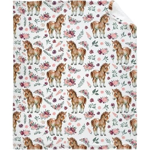 Horses Floral Pony Baby Blanket Super Soft Swaddle Newborn Cozy Baby Receiving Blanket Stroller Throw 40x30 in for Puppy