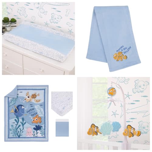 Disney Finding Nemo Baby Gift Set – Plush Nemo Blanket, Musical Mobile & Crib Bedding – 4-Piece Nursery Essentials in Light Blue, Orange & Navy – Ideal for Baby Shower or Registry