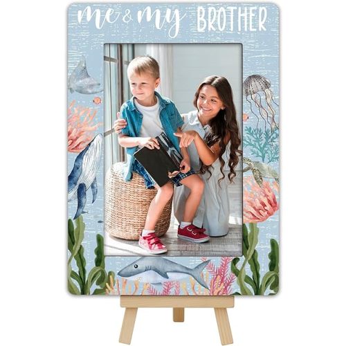 Under the Sea Photo Frame, Me & My Brother Wooden Picture Frame with Easel, 4x6 Photo Insert, Newborn Gifts, Nursery Decor - A04