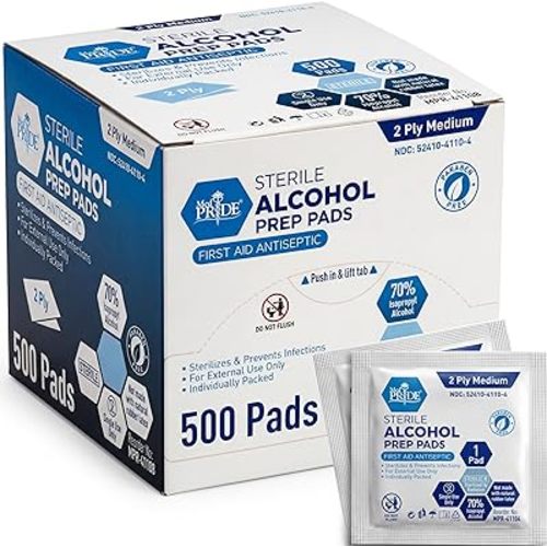 MED PRIDE Alcohol Prep Pads, Medical-Grade, Sterile, Individually-Wrapped, Medium Square Size, 2ply (500 Count (Pack of 1))