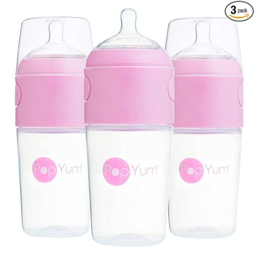 PopYum 9 oz Pink Anti-Colic Formula Making/Mixing/Dispenser Baby Bottles, 3-Pack with #2 Medium Flow Nipples, 260 ml, BPA-Free, Natural Latch
